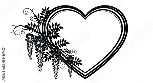 Black heart frame, floral border, love icon, decorative symbol, vector illustration