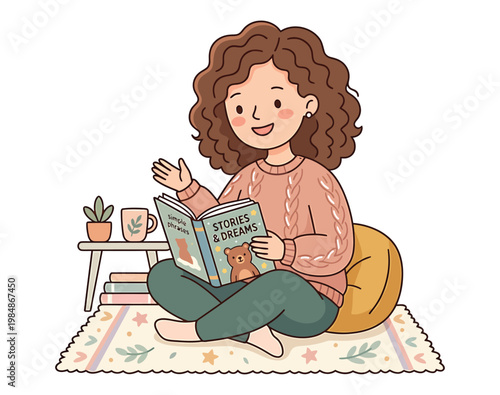 A cartoon woman sitting crosslegged on a rug reading a book titled stories and dreams with a teddy bear beside her