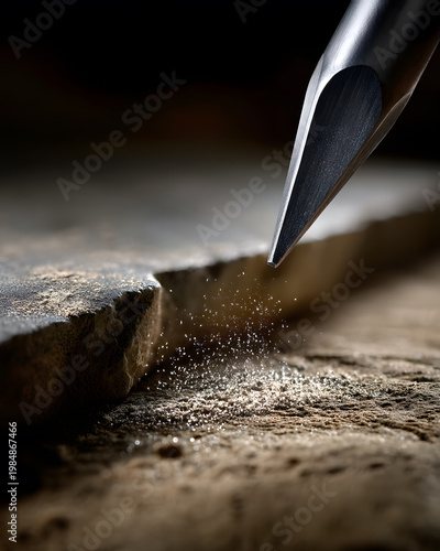 Chisel and Stone: Capturing the meticulous work of a stonemason as a chisel carves into the stone, with dust particles swirling in the air. This image evokes skill and the artistry of craftsmanship.