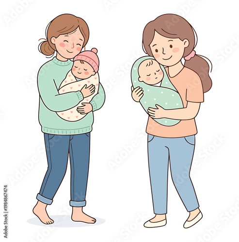 Two women holding and cuddling their sleeping babies in colorful clothes