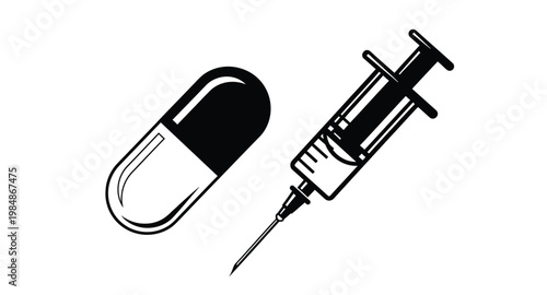 Medical icons of a capsule and syringe on transparent background silhouette