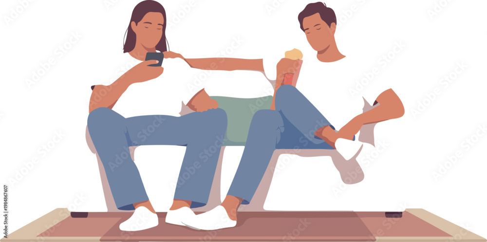 Fototapeta premium Couple sitting together on a bench looking at phones, relaxed posture, casual clothing.