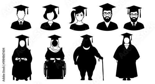Diverse group of college graduates celebrating their academic achievement on graduation day, wearing caps and gowns, symbolizing success and educational milestones.