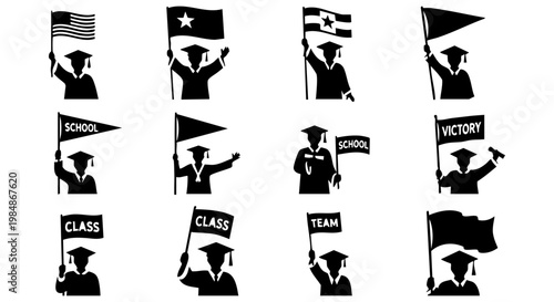 Celebrating academic achievement on graduation day, diverse students triumphantly wave various flags, symbolizing success, pride, and future aspirations after educational journey and commencement cere