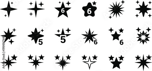 Star Rating Icon Set with Five Star Six Star Badges Sparkle Shapes Review Symbols and Feedback Elements for UI Design and Apps