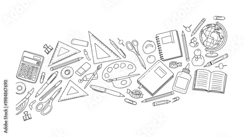 Photos Stationery Symphony: A collection of meticulously sketched school and office supplies, a visual ode to the tools of creativity, learning, and organization