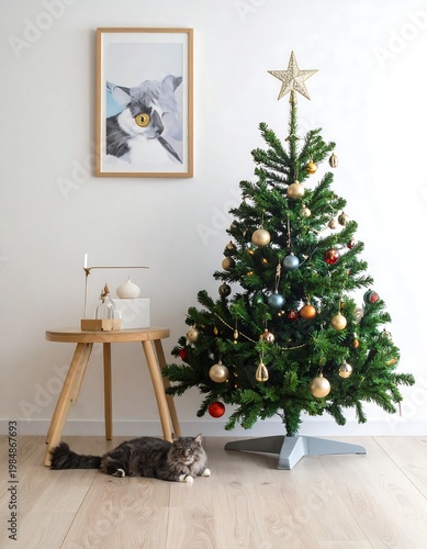 Holiday scene tree, star, cat, ornaments, artwork. Bright and festive