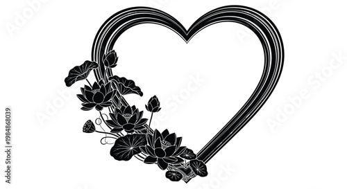 Black heart shape, floral decoration, love symbol, vector illustration