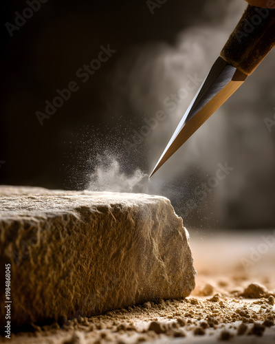 The Sculptor's Touch: Capturing the precise moment a chisel meets stone, releasing a cloud of dust.