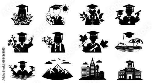 Academic success and graduation celebration icons, perfect for educational designs and commemorating achievements journey to diploma.