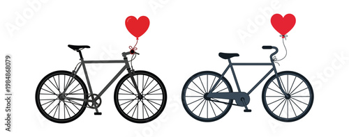 Two bicycles with heart balloons on handlebars