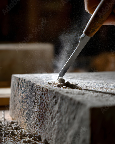 Artisan's Stone Carving: An artisan's skilled hand guides a chisel, delicately shaping a stone with precision, creating a testament to craftsmanship and the enduring beauty of handcrafted art.