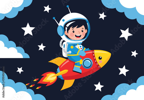 Flat style illustration of cute astronaut riding rocket through space with stars and clouds, perfect for kids posters, nursery decor, and playful space themes