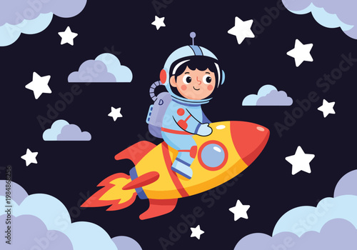 Flat style illustration of cute astronaut riding rocket through space with stars and clouds, perfect for kids posters, nursery decor, and playful space themes