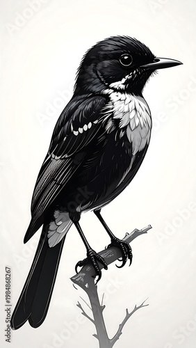 Black bird with white patches perched on a branch, high contrast, detailed feathers