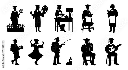 Creative Graduation Silhouettes Depicting Diverse Career Paths and Hobbies for Future Academic Success and Achievement