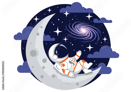 Flat style illustration of cute astronaut lying on moon looking at stars with galaxy background, ideal for bedtime themes, nursery decor, and calming space designs
