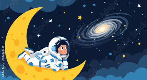 Flat style illustration of cute astronaut lying on moon looking at stars with galaxy background, ideal for bedtime themes, nursery decor, and calming space designs