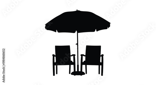 Black silhouette of beach chairs and a parasol against a white background