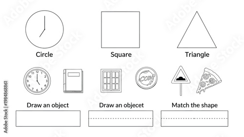 Shapes and Objects: A collection of simple shapes like a circle, a square, and a triangle. Illustrated examples next to shapes, with matching activities. Designed for educational use.