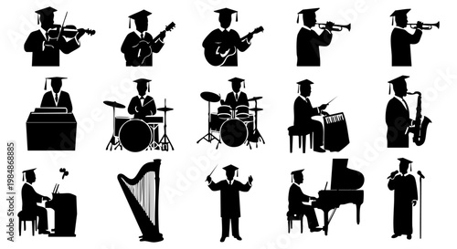 Graduation Music Celebration: Silhouettes of Talented Graduates Playing Diverse Instruments, Symbolizing Achievement, Artistic Passion, and Future Success in Performing Arts Education