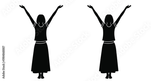 Two women with arms raised in a celebratory pose on transparent background silhouette