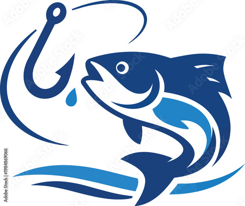 Blue fish jumping out of water caught on fishing hook in ocean waves vector illustration