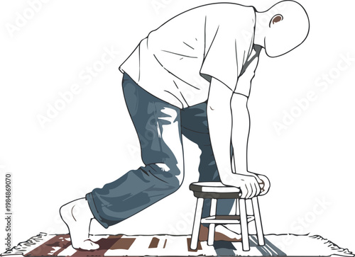 Illustration of man leaning on small stool while trying to stand up showing physical struggle and mobility.