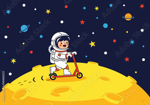 Schilderij op canvas Flat style illustration of cute astronaut riding scooter on moon surface with st