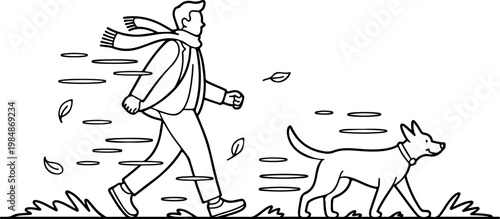 Man walking dog in windy autumn weather with falling leaves and blowing scarf line art vector coloring outline.