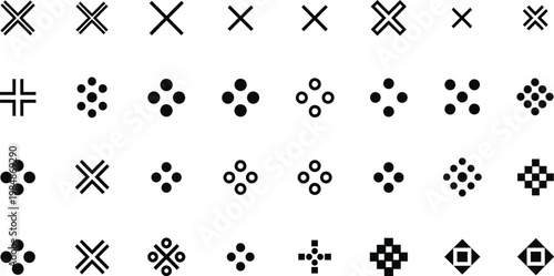 Various small geometric shapes and cross symbols are presented in rows and columns on a white background.