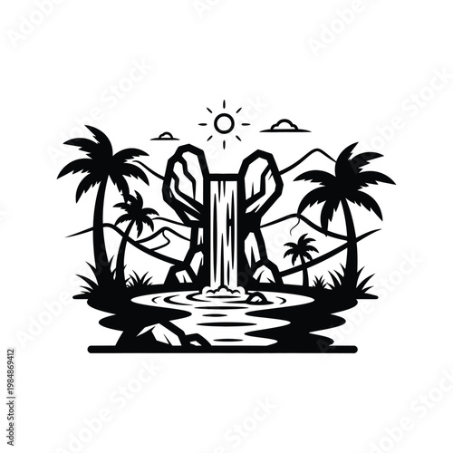 Tropical Island Waterfall Paradise with Palm Trees and Mountains