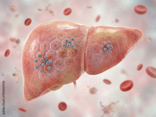 Human liver with viral infection clusters, hepatocyte damage medical concept
