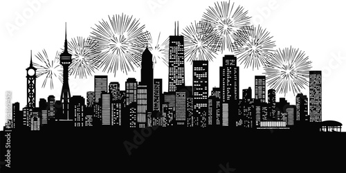 Fireworks over skyline silhouette on white background.