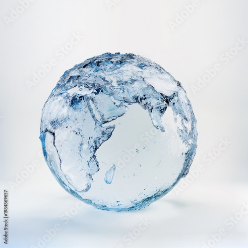 Crystal Water Globe Showing Earth Continents on White Background
