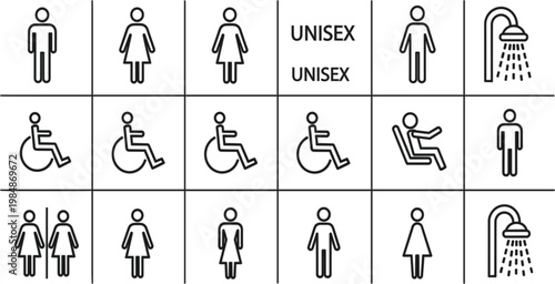 Inclusive restroom and accessible icon set with modern black line art style for signage