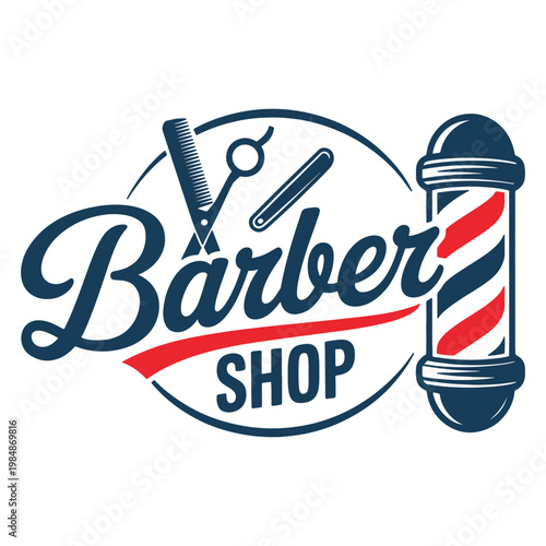 Vintage-style logo for a classic barber shop with scissors and pole