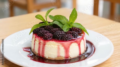 Creamy cheesecake topped with fresh blackberries and mint leaves, covered in glossy berry sauce, served on white plate, showcasing elegant dessert presentation and sweet indulgence.