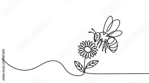 A single line drawing shows a bee approaching a delicate flower