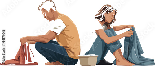 Man and woman sitting back to back on floor sorting laundry together at home flat vector style illustration.