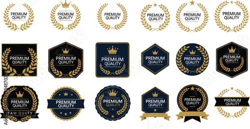 Elegant set of premium quality gold and black laurel wreath labels badges and seals for luxury branding product certification and awards.