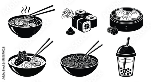 A collection of asian cuisine including ramen sushi dumplings and bubble tea depicted in black silhouette high quality professional detailed modern