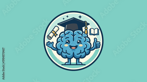 Cartoon Brain Wearing Graduation Cap Smiling.