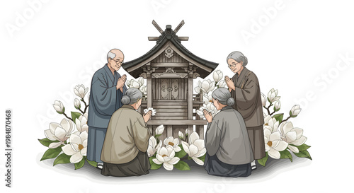 Elderly people praying together in front of a Japanese shrine