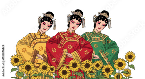 Three traditional Chinese women in colorful dresses with sunflowers