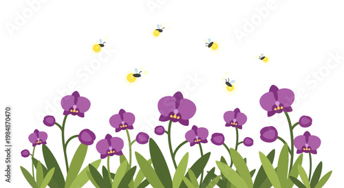Vibrant purple flowers with flying bees in garden