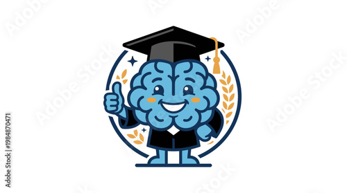 Brain wearing graduation cap smiling.