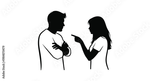 Couple arguing in dark silhouette on transparent background