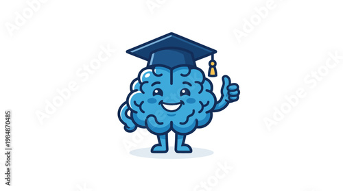 Brain wearing graduation cap smiling.