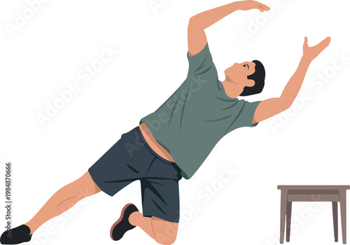 Man performing athletic movement or falling down near small table during exercise or accident vector graphic.